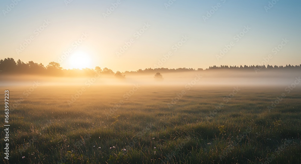 Fototapeta premium Golden rays of dawn pierce through a serene morning mist, illuminating a tranquil field with a soft, ethereal glow, creating a peaceful natural landscape scene