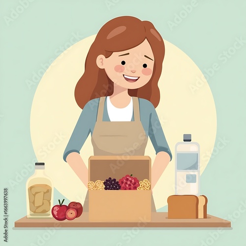 Smiling Woman Presents Fresh Produce Box: A Cheerful, Cartoon-Style Illustration