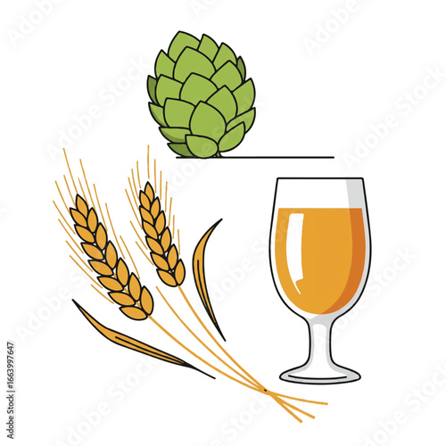 A 2D flat vector illustration in a graphic design style features a balanced composition of a stylized hop cone, golden barley stalks, and a clear beer glass, isolated on white.