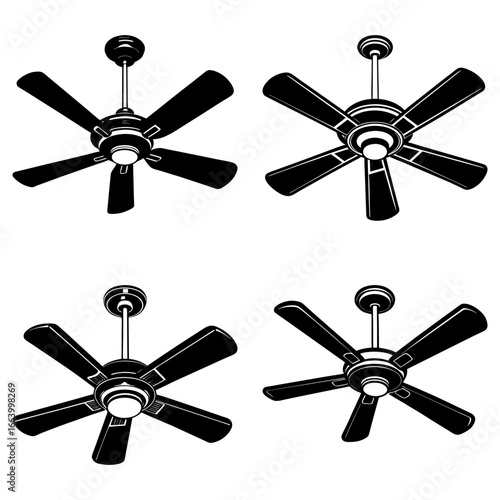 Four ceiling fans with five blades each displayed in a square arrangement in black and white style