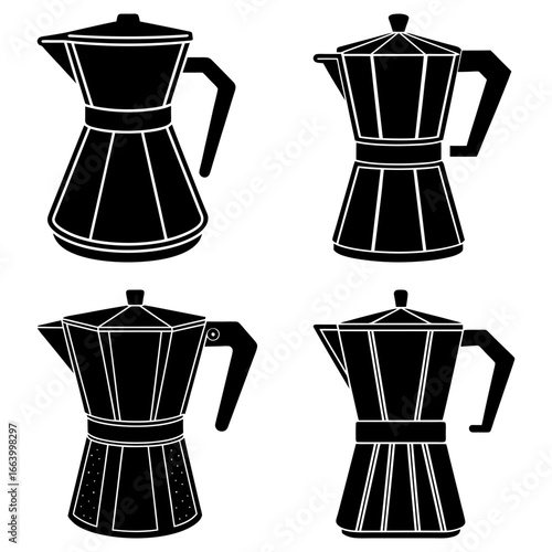 Four moka pots in black and white showing different styles and designs of italian stovetop espresso makers
