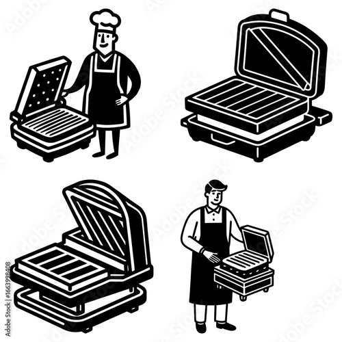 Illustrative depiction of chefs with sandwich presses in various stages of operation and design styles