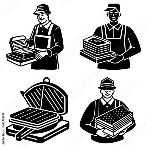 Four illustrations depicting men with hats and aprons holding and using waffle makers and waffles