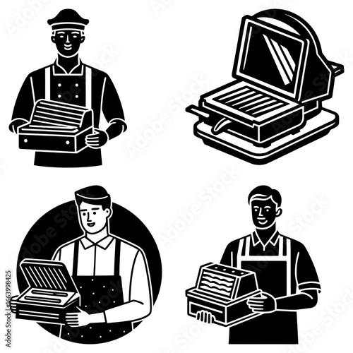 Illustrations showing cooks holding panini presses and a panini press machine isolated on white