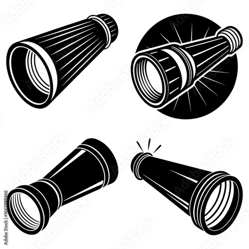 Four monochrome illustrations of spyglasses in varying perspectives and stylized design elements present