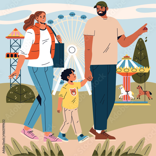 Family Enjoying Day at Amusement Park Vector Illustration