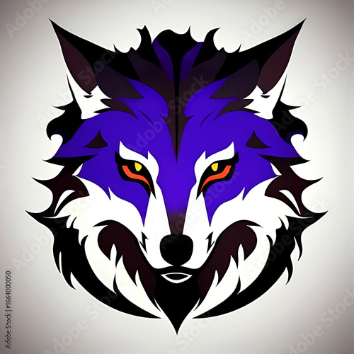 purple, white, and black wolf head logo with red eyes (mascot, emblem, icon, symbol) - animal art