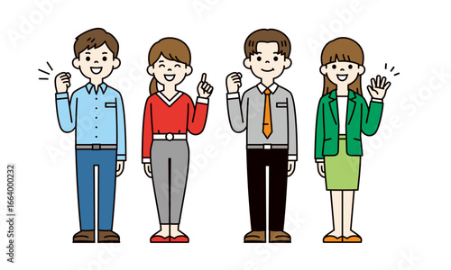 複数の元気な若い男性社員と女性社員の全身イラストセット＿ベクター＿カラー