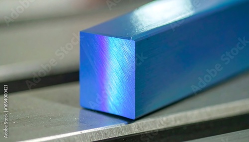 Anodized Titanium Metal Block Displaying Blue And Violet Hues On A Metallic Surface With Industrial Background