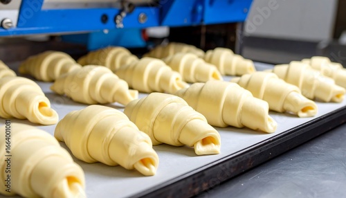 Rows of Unbaked Croissants on Baking Sheet Under Industrial Machine.