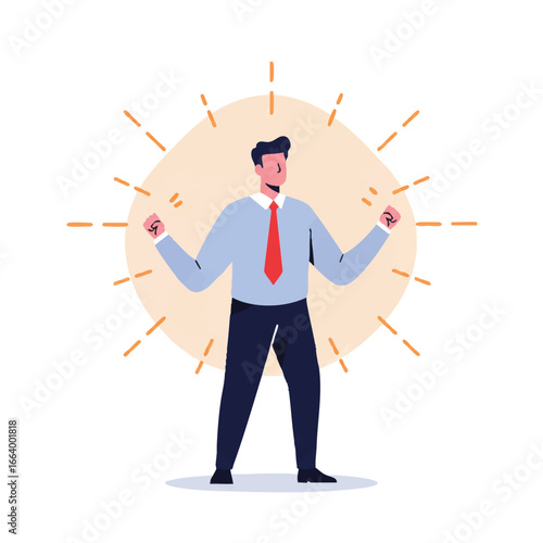 A focused businessman deeply concentrating on a task, enveloped by an energetic aura, in a clean 2D flat vector illustration, isolated on a white background.