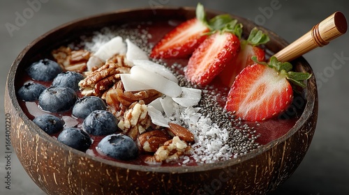 Acai Bowl with Granola, Coconut Shavings, Fresh Strawberries, Blueberries Served in a Coconut Shell with a Bamboo Spoon. Healthy and Delightful Breakfast.