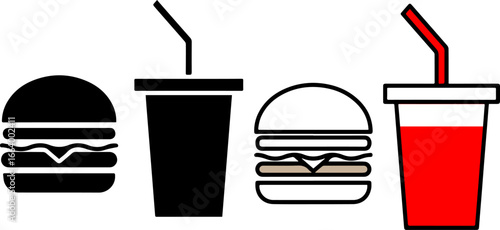 Vector cartoon illustration set of fast food icons including burgers, drinks, and snacks