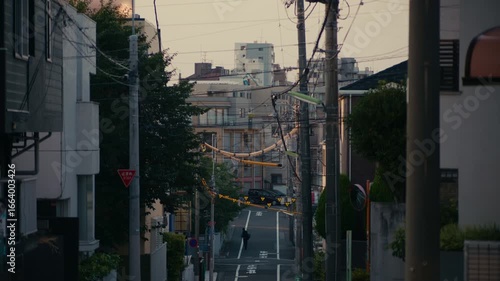Tokyo Neighborhood Sunset with Power Lines Silhouetted Against Sky – Urban Tokyo street view with silhouetted power lines and glowing sky at sunset behind apartment buildings.