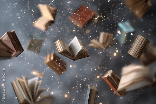 Many old books floating and spinning in the air with sparkling lights