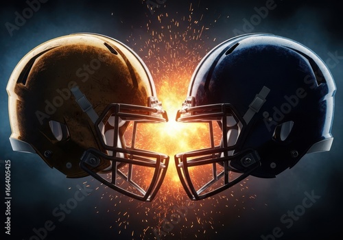 American Football Helmets Clash with Sparks Flying in Intense Competition Concept