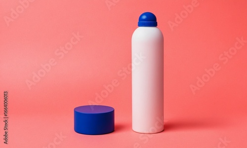 Minimalist product mockup with blue and white elements against a vibrant coral backdrop for design use