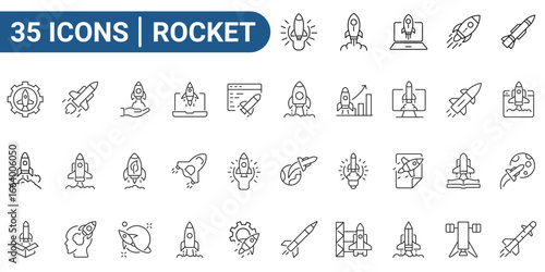 Vector icons set with editable stroke related to rocket. outline icon collection.  Pictograms and infographics for mobile apps