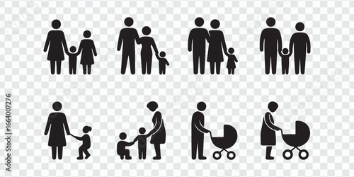 Family Icons: Parents with Children, Stroller, and Family Activities