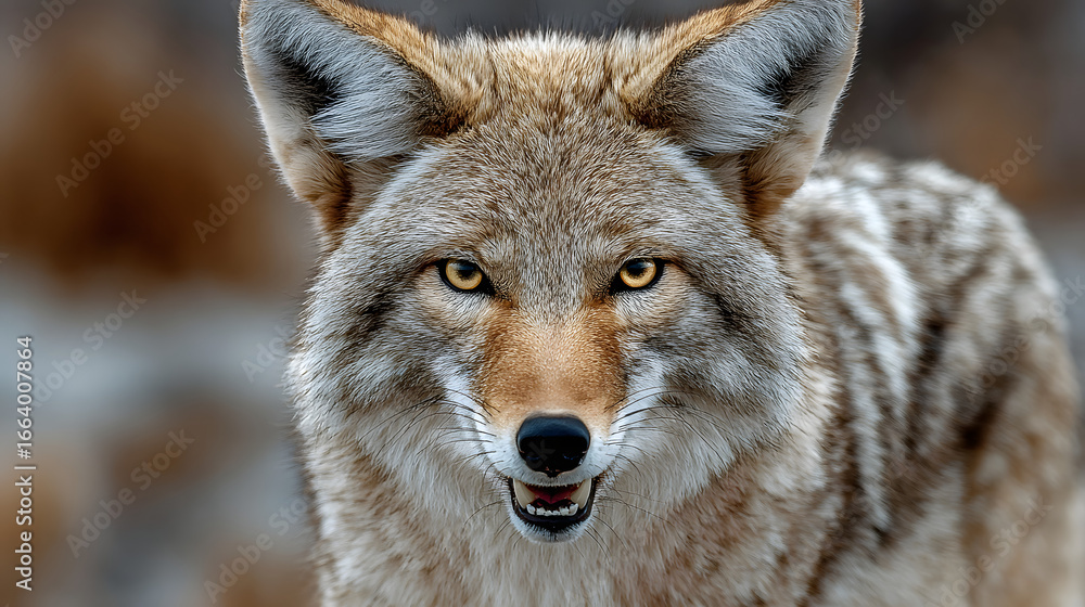Fototapeta premium Another captivating coyote close-up showcasing raw power and fierceness, this time with a focus on its sharp teeth as it clutches its prey tightly.