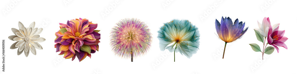 Obraz premium Elegant Display of Colorful Flowers in Various Shapes and Textures Perfect for Nature Theme, Floral Designs, Art Inspiration, and Creative Projects