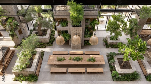 Overhead view of a dining area showcasing lush greenery, wooden tables, and hanging woven lights