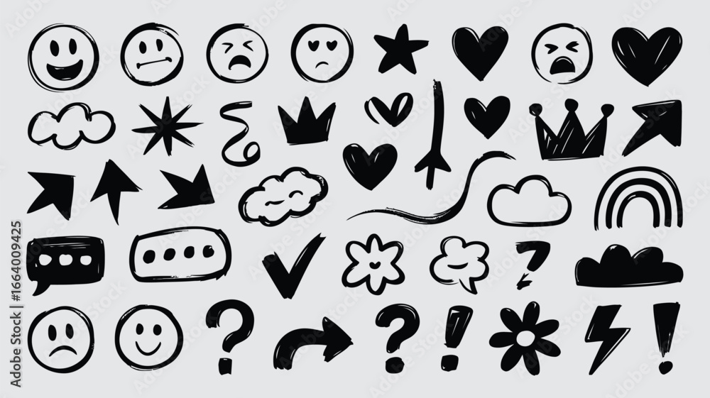 Fototapeta premium Vector art of collection of hand drawn doodles, including faces, emojis, stars, hearts, crowns, and arrows for graphic design
