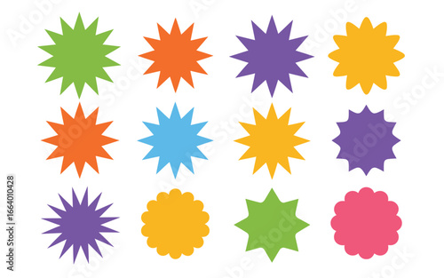 Vector art of colorful starburst shapes for design elements, badges, labels, stickers, icons, and symbols for sales and discounts