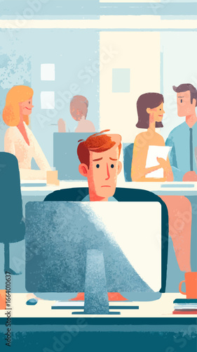 Sad employee suffering from workplace burnout while his colleagues are having fun chatting and gossiping