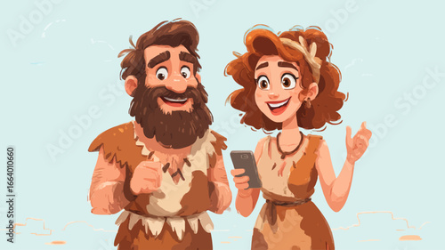 Cave people couple using smartphone, showcasing evolution and technology adoption in prehistory