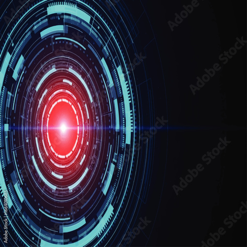 Abstract futuristic technology background with glowing red center and blue circular elements.