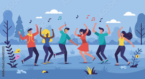 This dynamic flat design illustration shows a diverse group of joyful festival attendees dancing enthusiastically in an open field, surrounded by abstract musical elements.