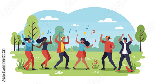 This dynamic flat design illustration shows a diverse group of joyful festival attendees dancing enthusiastically in an open field, surrounded by abstract musical elements.