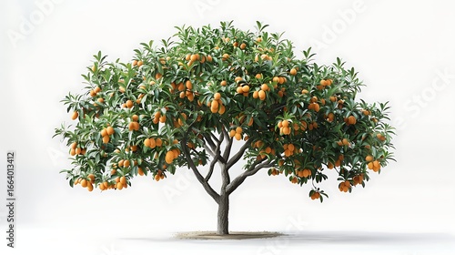 Isolated loquat tree with ripe fruits and green leaves against a white studio background shot in full view