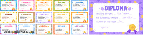 A set of colorful and playful kids diploma certificate templates in a cartoon style. Each diploma features a unique background with fun patterns, cute animals, and bright elements. Perfect for schools