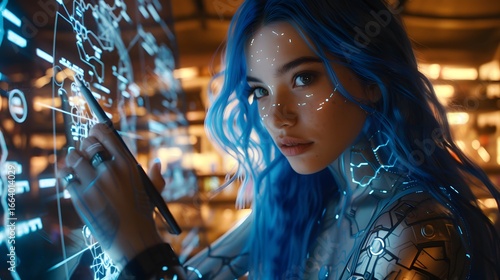 A stunning cyberpunk inspired woman with neon blue light 