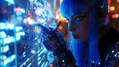 A stunning cyberpunk inspired woman with neon blue light 