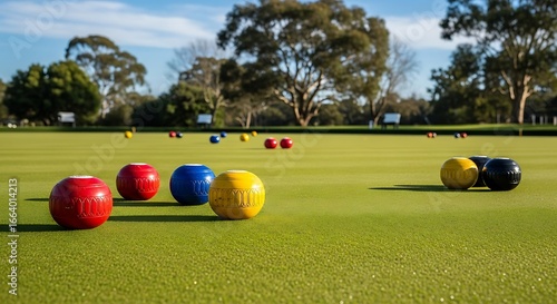 Colorful Lawn Bowls on a Green Bowling Rink Under Sunlight