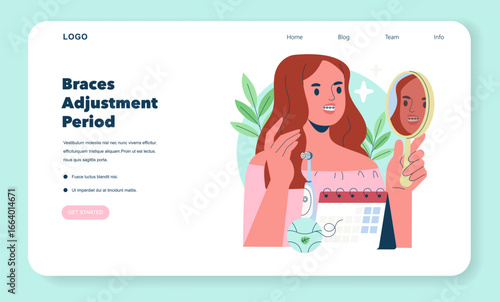 Woman Examines Braces Adjustment in Mirror Illustration