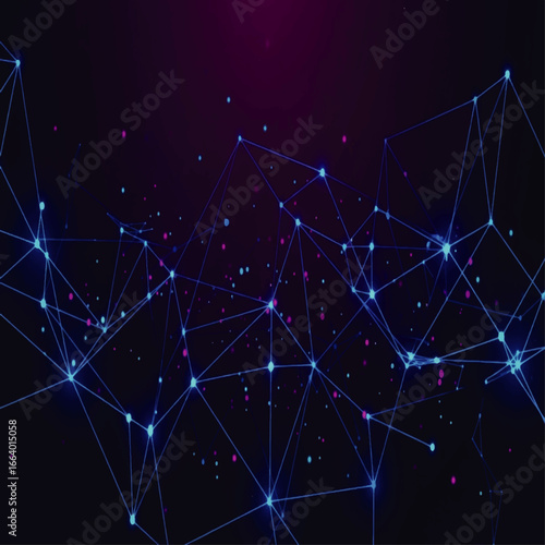 Abstract network of blue lines connecting points against a dark purple background with small colored dots.