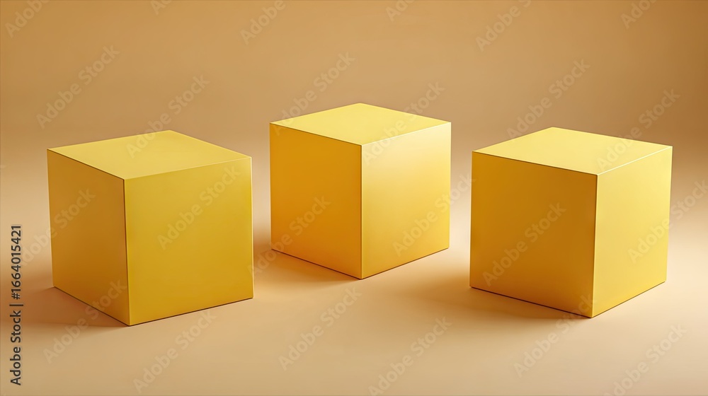 Fototapeta premium Three yellow cubic shapes on a light beige surface.