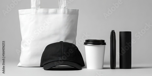Blank white tote bag, black baseball cap, white coffee cup, and black accessories on gray background