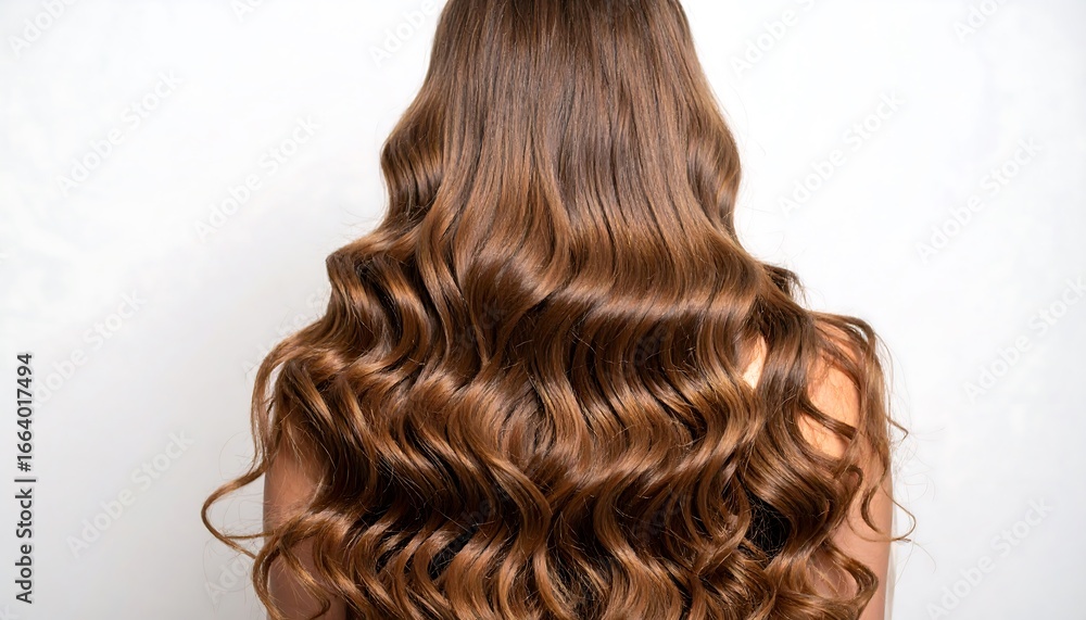 Naklejka premium Long, voluminous curls cascade down a person's back against a neutral background, showcasing healthy, shiny hair.