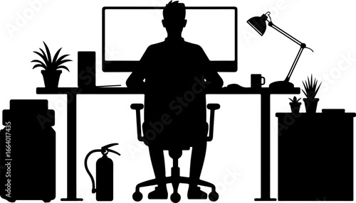 illustration of a man working on a computer, computer, office, desk, business, work, chair, table, silhouette, people, laptop, vector, woman, cartoon, sitting, person, illustration, 3d, worker, workin