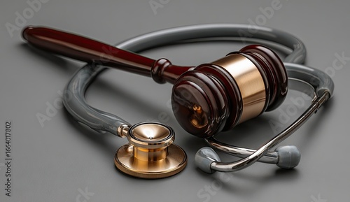 Medical malpractice litigation concept. A dark wooden gavel rests on a gray stethoscope