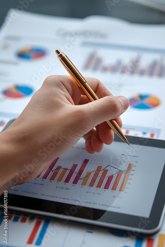 Close-up of a hand holding a golden pen while working on a digital tablet with financial graphs and charts in the background, concept of business analysis, data visualization, and technology in financ