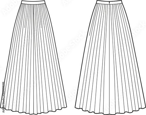 Fashion technical flat of pleated long skirt, front and back view, vector apparel template, sewing pattern for fashion design