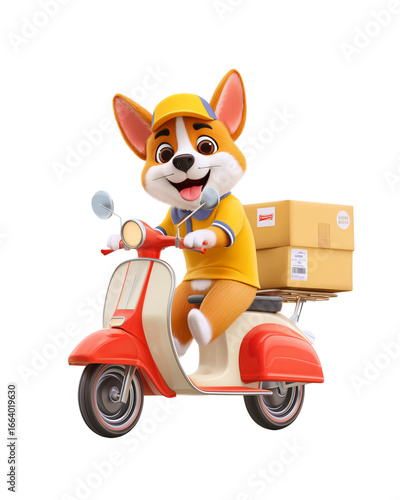 Cartoon corgi delivery dog on scooter with parcel box, cartoon corgi delivery pet in funny courier concept, Isolated on transparent background. PNG die-cut for advertising.