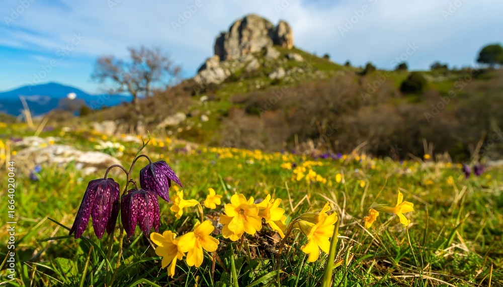 Obraz premium A vibrant meadow unfolds with purple and yellow wildflowers, nestled against a backdrop of a rocky mountain range under a partly cloudy sky.