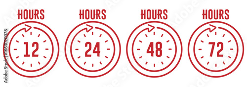 Set of 12, 24, 48 and 72 hour clocks with arrows on white background. Vector work time effect or delivery service time icon. Compact UI and Repeating Clocks Pack.  Hour timer icon set. eps 10